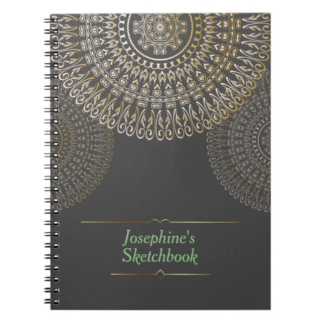 Cuaderno Elegante Beige Mandala Nombre personalizado gris o (Frente)