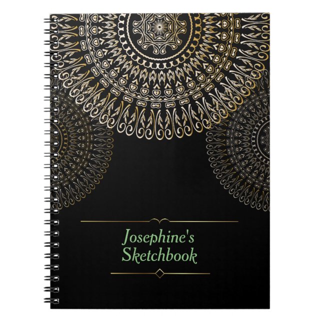 Cuaderno Elegante Beige Mandala Nombre personalizado negro (Frente)