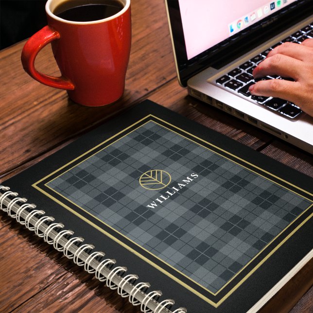 Cuaderno Elegante Black Gold Tartan Plaid Monogrammed (Subido por el creador)
