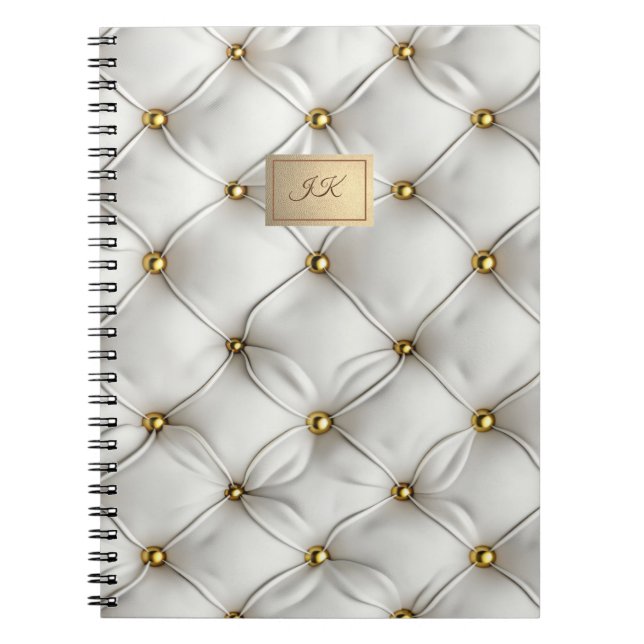 Cuaderno Elegante Blanco Moderno Cuero Acolchado Dorado (Frente)