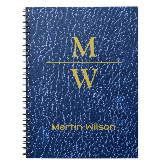 Cuaderno Elegante Blue Monogram Luxe Textura Letras de Oro (Frente)