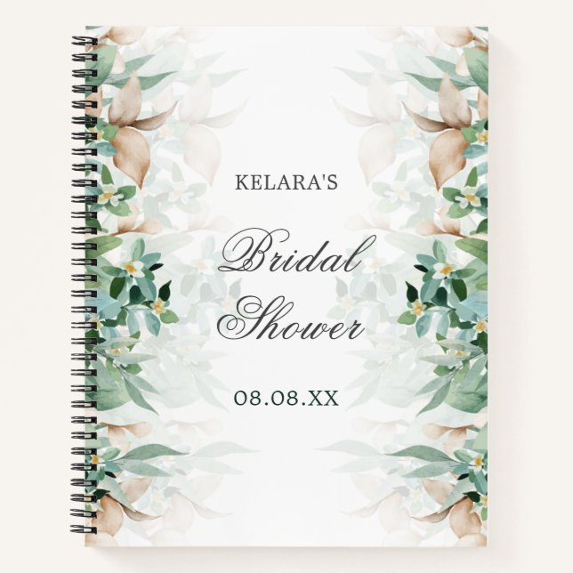 Cuaderno Elegante Boda de ducha con flores de hoja de veget (Anverso)