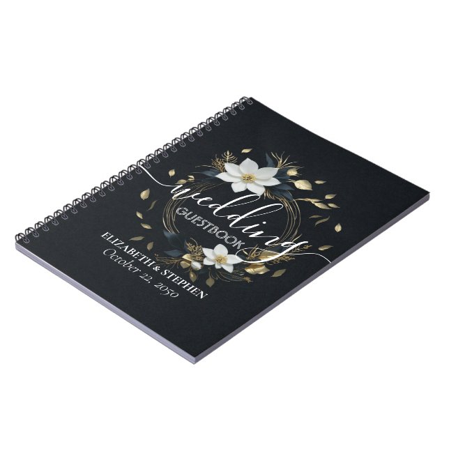 Cuaderno Elegante Boda de guirnaldas florales en blanco neg (Lado Izquierdo)