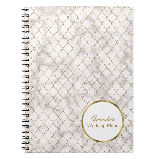 Cuaderno Elegante Boda de Mármol Blanco y Quatrefoil de Oro (Frente)