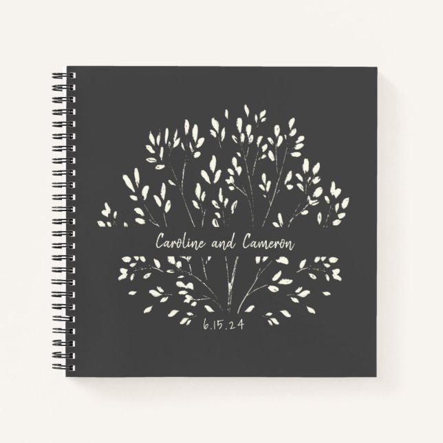 Cuaderno Elegante Boda floral pintado con mano blanca negra (Anverso)