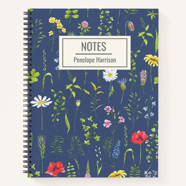 Cuaderno Elegante Boho Wildflowers Floral Blue Personalizad (Anverso)