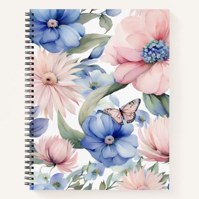 Cuaderno Elegante Bungalow rosa y azul de flores (Anverso)