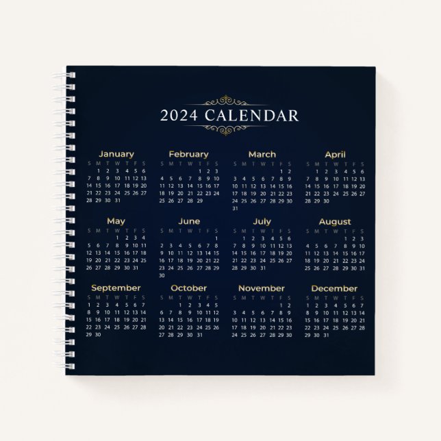 Cuaderno Elegante Calendario Dorado y Azul 2024 | Portátil (Anverso)