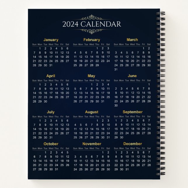 Cuaderno Elegante Calendario Dorado y Azul 2024 | Portátil (Reverso)
