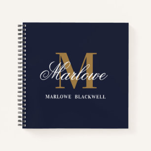 Cuaderno Elegante caligrafía en monograma de oro azul de la