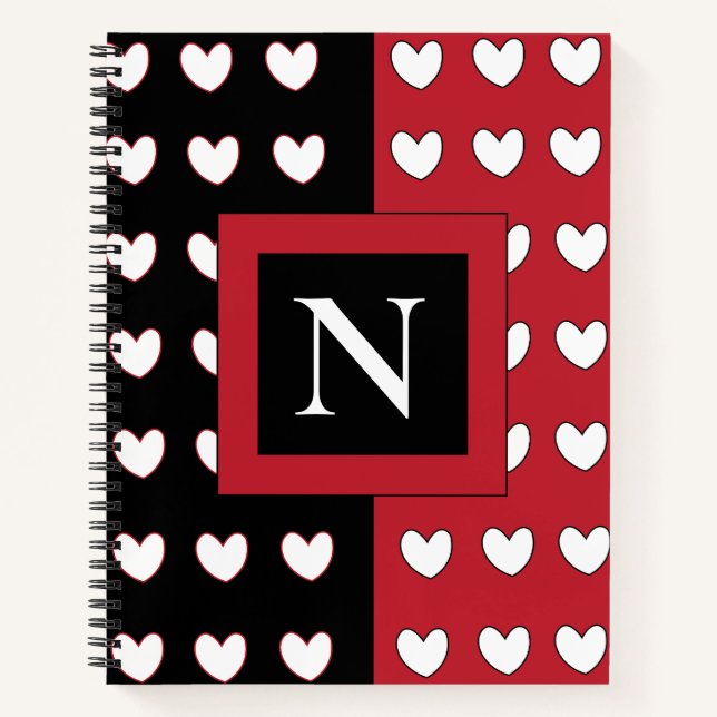 Cuaderno Elegante Chic Negro Rojo Blanco Corazones Monogram (Anverso)