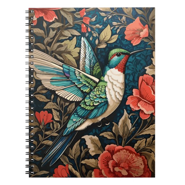 Cuaderno Elegante colibrí volador William Morris inspirado (Frente)