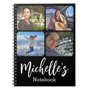Cuaderno elegante collage de 4 fotos personalizadas en blan