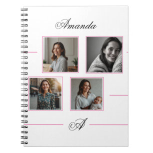 Cuaderno Elegante Collage de fotos de Monograma Rosa y Negr