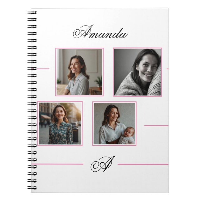 Cuaderno Elegante Collage de fotos de Monograma Rosa y Negr (Frente)