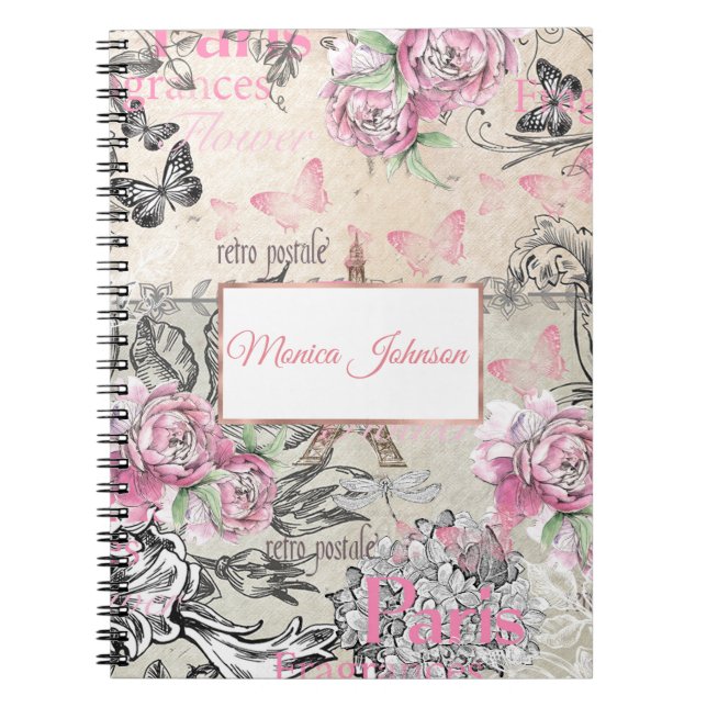 Cuaderno Elegante collage floral negro rosa Torre Eiffel (Frente)