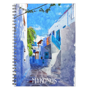 Cuaderno Elegante color azul blanco Mykonos Grecia acuarela
