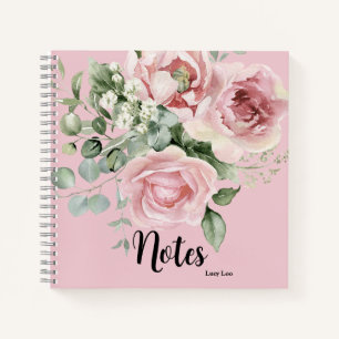 Cuaderno Elegante color de agua rosa floral nombre personal