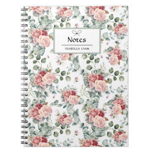 Cuaderno Elegante color de agua verde Patrón de flores rosa