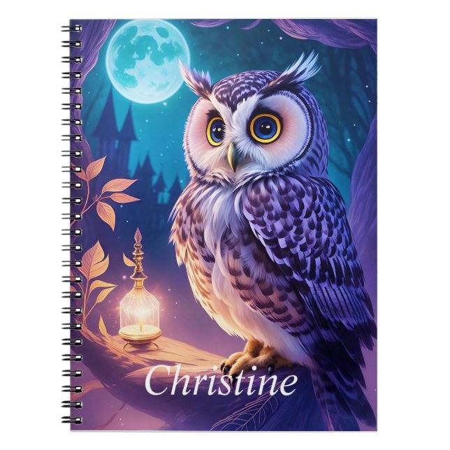 Cuaderno Elegante Cómic De Búho Mágico Azul Púrpura (Frente)