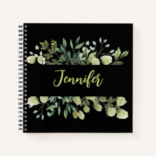 Cuaderno Elegante con nombre de marco botánico hojas negro