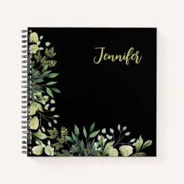 Cuaderno Elegante con nombre de marco botánico hojas negro
