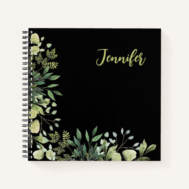 Cuaderno Elegante con nombre de marco botánico hojas negro (Anverso)