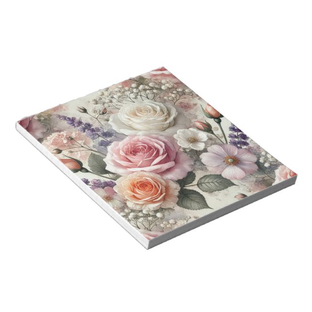 Cuaderno elegante con patrón de rosas rosadas y bl (Lado Derecho)