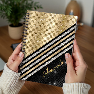 Cuaderno Elegante cristal falso dorado y negro personalizad