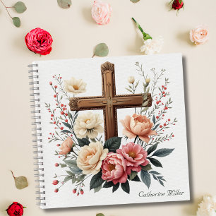 Cuaderno Elegante Cruz Floral Católica Personalizada