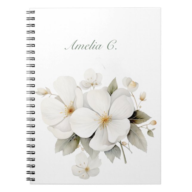 Cuaderno elegante de color acuático blanco floral (Frente)