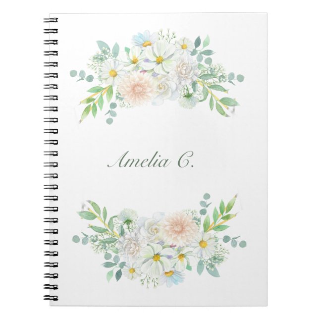 Cuaderno elegante de color acuático blanco floral (Frente)