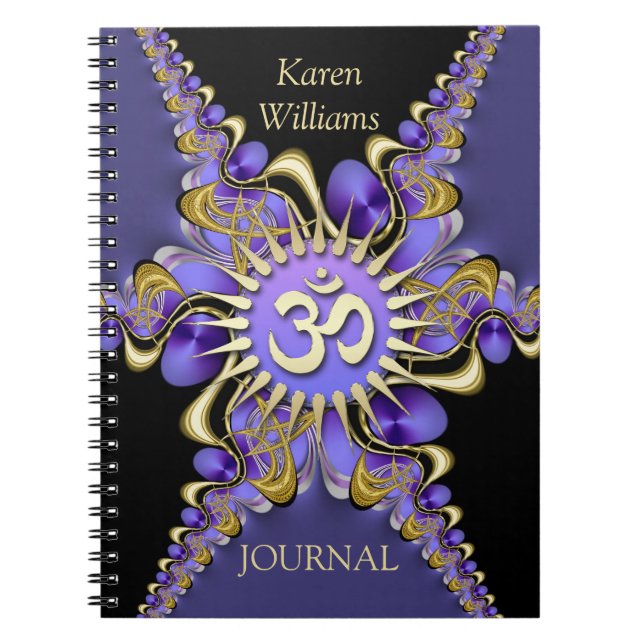 Cuaderno elegante de encaje fractal dorado púrpura (Frente)
