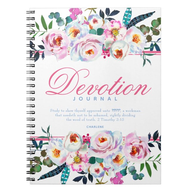 Cuaderno Elegante Diario De Devoción De Flora Azul Rosa (Frente)