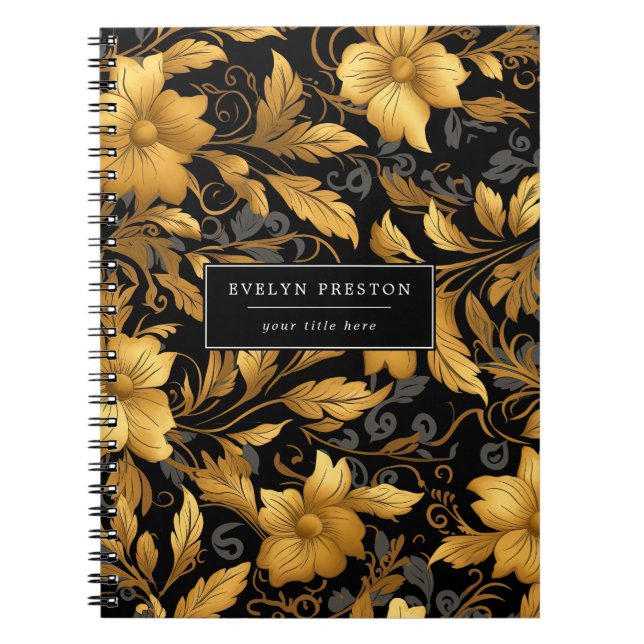 Cuaderno Elegante dorado negro floral hojas escritura botán (Frente)