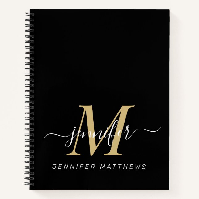 Cuaderno Elegante dorado negro nombre de monograma personal (Anverso)