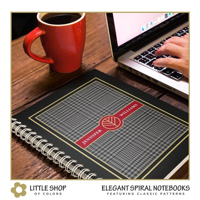 Cuaderno Elegante dorado negro y dorado rojo monogramado (Subido por el creador)
