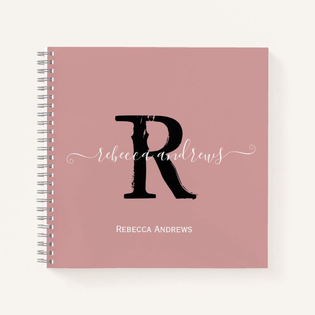 Cuaderno Elegante Dusty Rosa Monograma Script Nombre Inicia (Anverso)