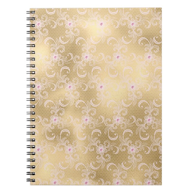 Cuaderno Elegante encaje floral rosa y dorado (Frente)