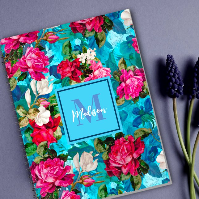Cuaderno Elegante estampado azul de flores rosadas florales (Subido por el creador)