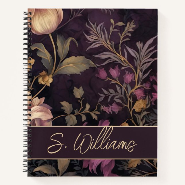 Cuaderno elegante estampado de flores de color oscuro (Anverso)