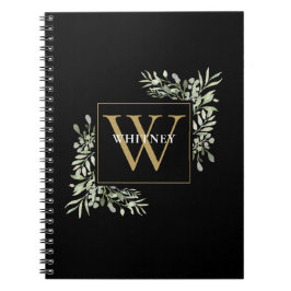 Cuaderno Elegante eucalipto verde monograma dorado negro