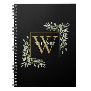 Cuaderno Elegante eucalipto verde monograma dorado negro