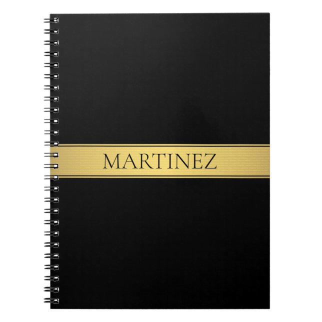 Cuaderno Elegante Faux Dorado Raya y Fondo Negro o DIY (Frente)
