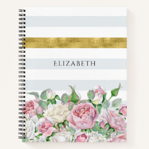Cuaderno Elegante FAUX Gold Stripe con rosas rosadas y nomb