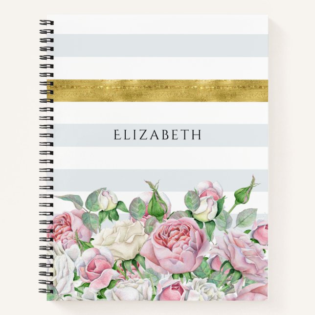 Cuaderno Elegante FAUX Gold Stripe con rosas rosadas y nomb (Anverso)