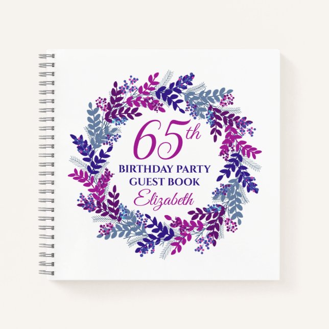 Cuaderno Elegante fiesta de cumpleaños 65 de corona rosa y  (Anverso)