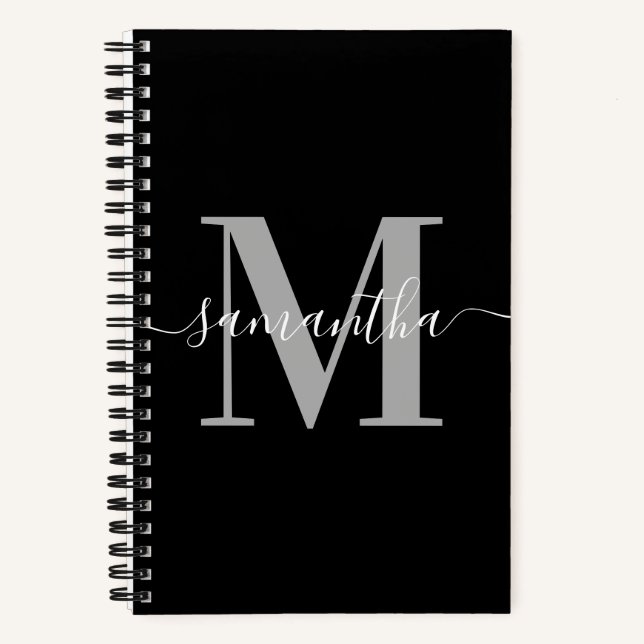 Cuaderno Elegante Firma Gris Moderno Monograma Negro (Anverso)