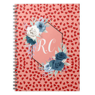 Cuaderno Elegante Floral Azul Polvoriento y Corazones Rojos
