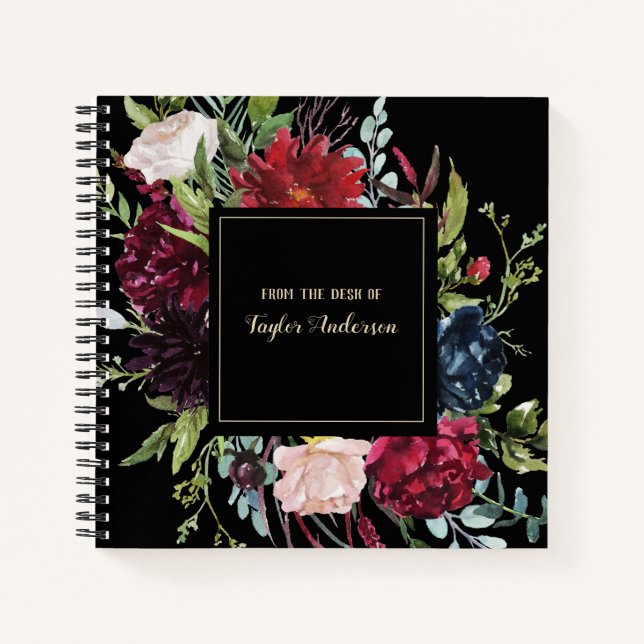 Cuaderno Elegante Floral de época sobre negro personalizado (Anverso)